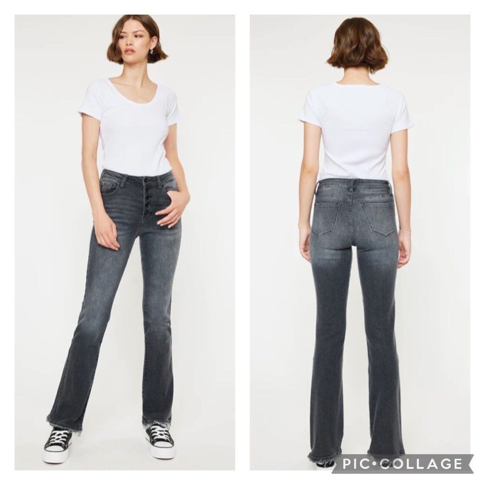 KanCan Grey Rainn Ultra High Rise Flare Jeans Button Fly Size 31 - Picture 1 of 8